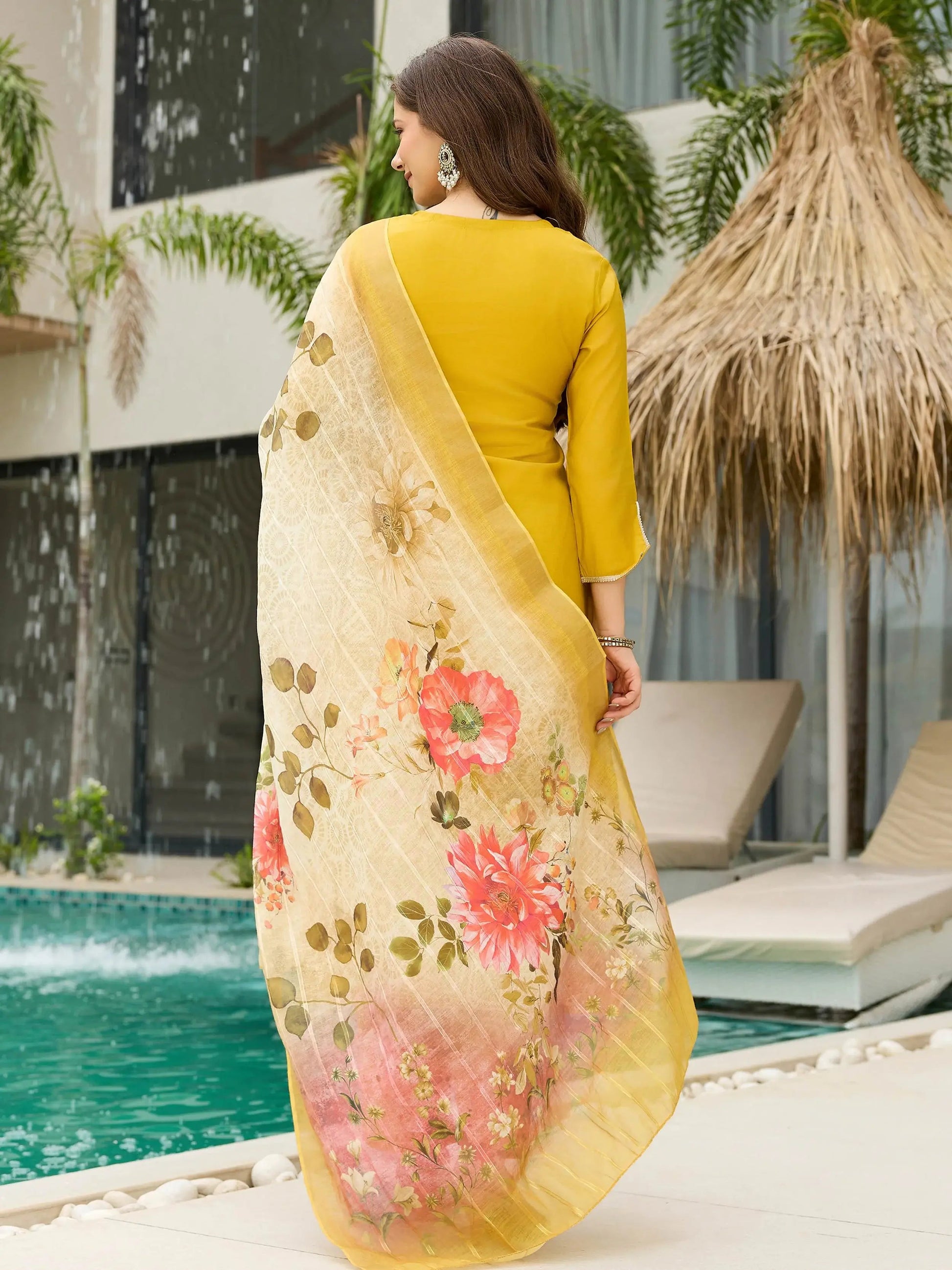 Artistic Yellow Viscose Sequins Haldi Wear Suit With Printed Dupatta