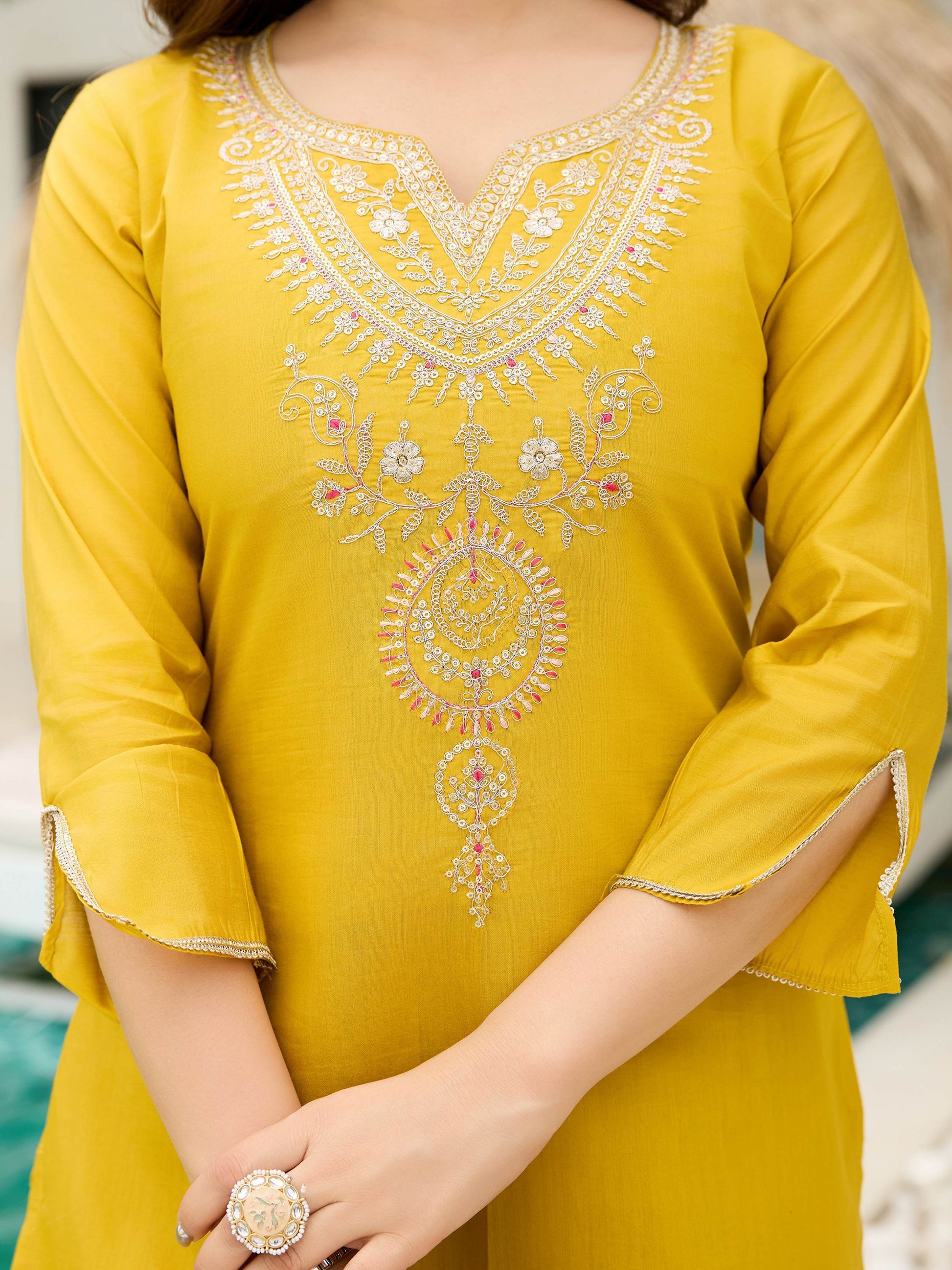 Artistic Yellow Viscose Sequins Haldi Wear Suit With Printed Dupatta
