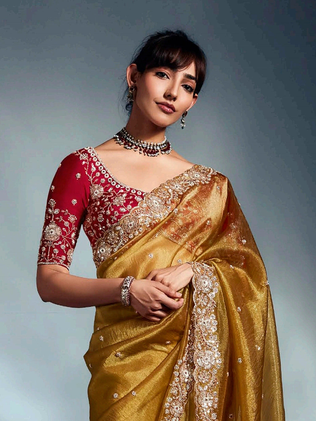 Fascinating Mustard Yellow Organza Border Work Haldi Wear Saree