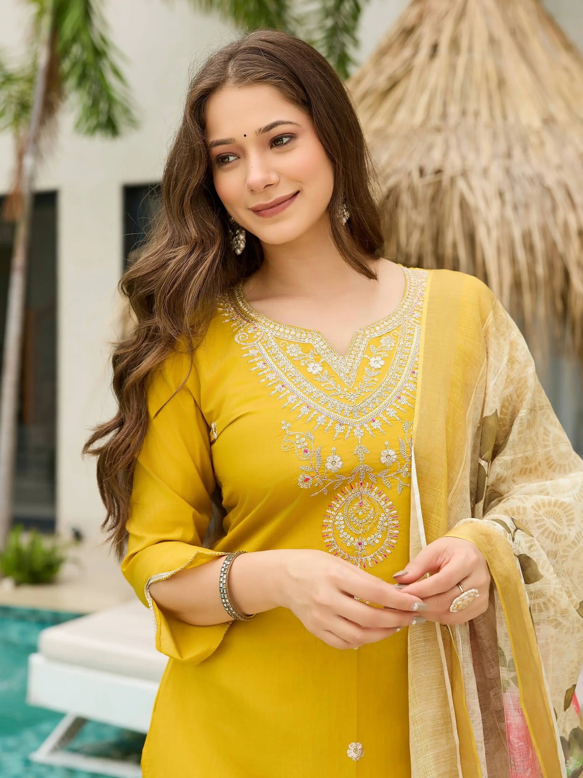 Artistic Yellow Viscose Sequins Haldi Wear Suit With Printed Dupatta