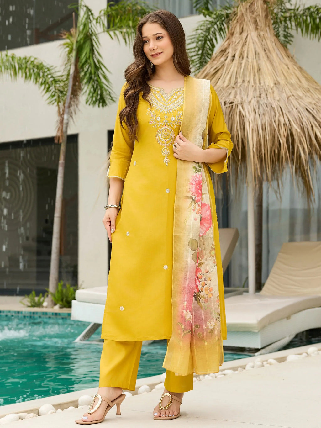 Artistic Yellow Viscose Sequins Haldi Wear Suit With Printed Dupatta