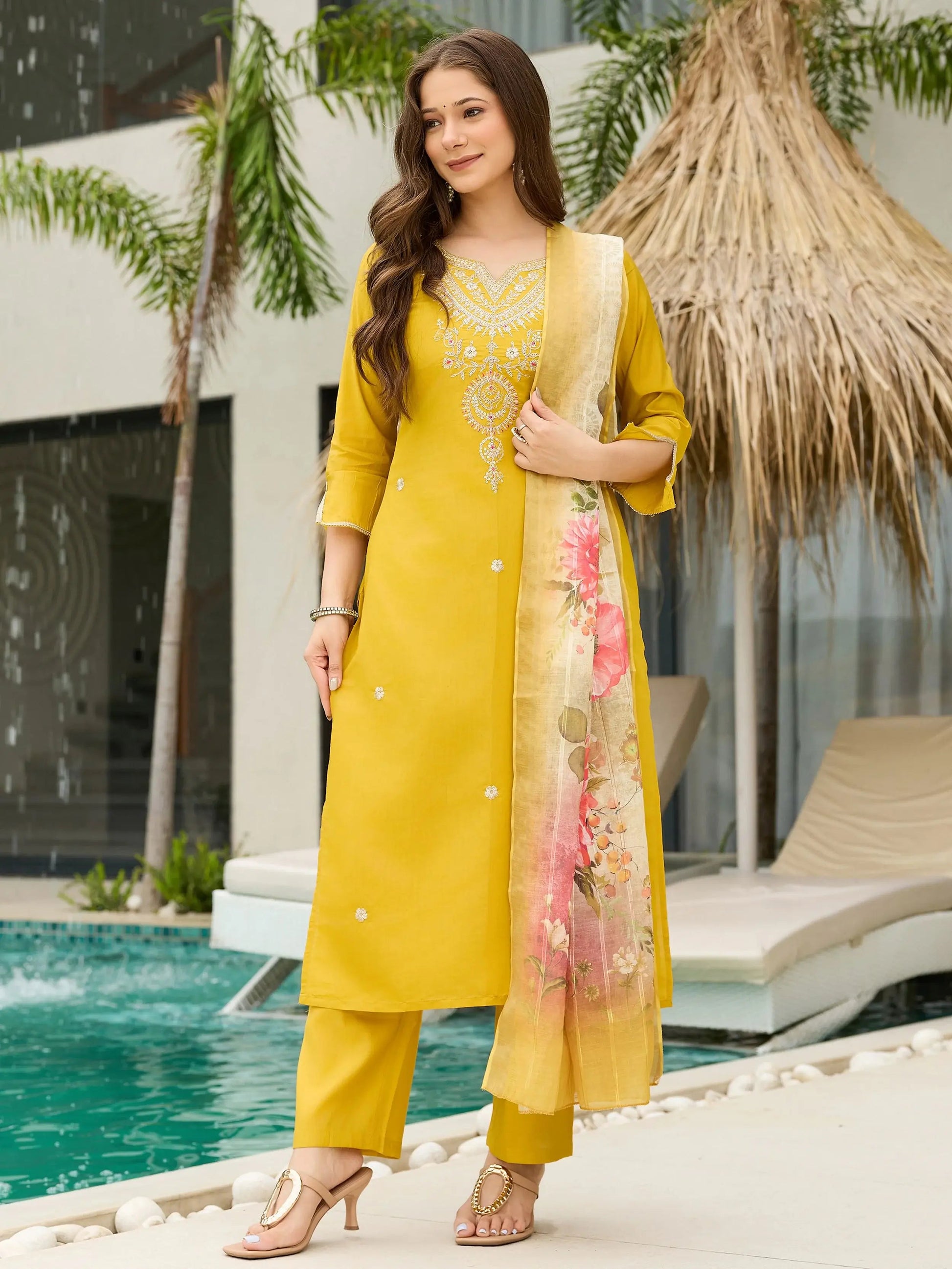 Artistic Yellow Viscose Sequins Haldi Wear Suit With Printed Dupatta