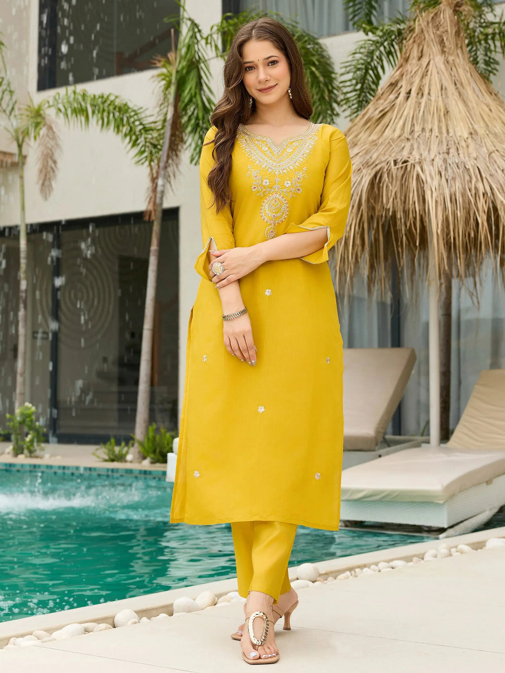 Artistic Yellow Viscose Sequins Haldi Wear Suit With Printed Dupatta