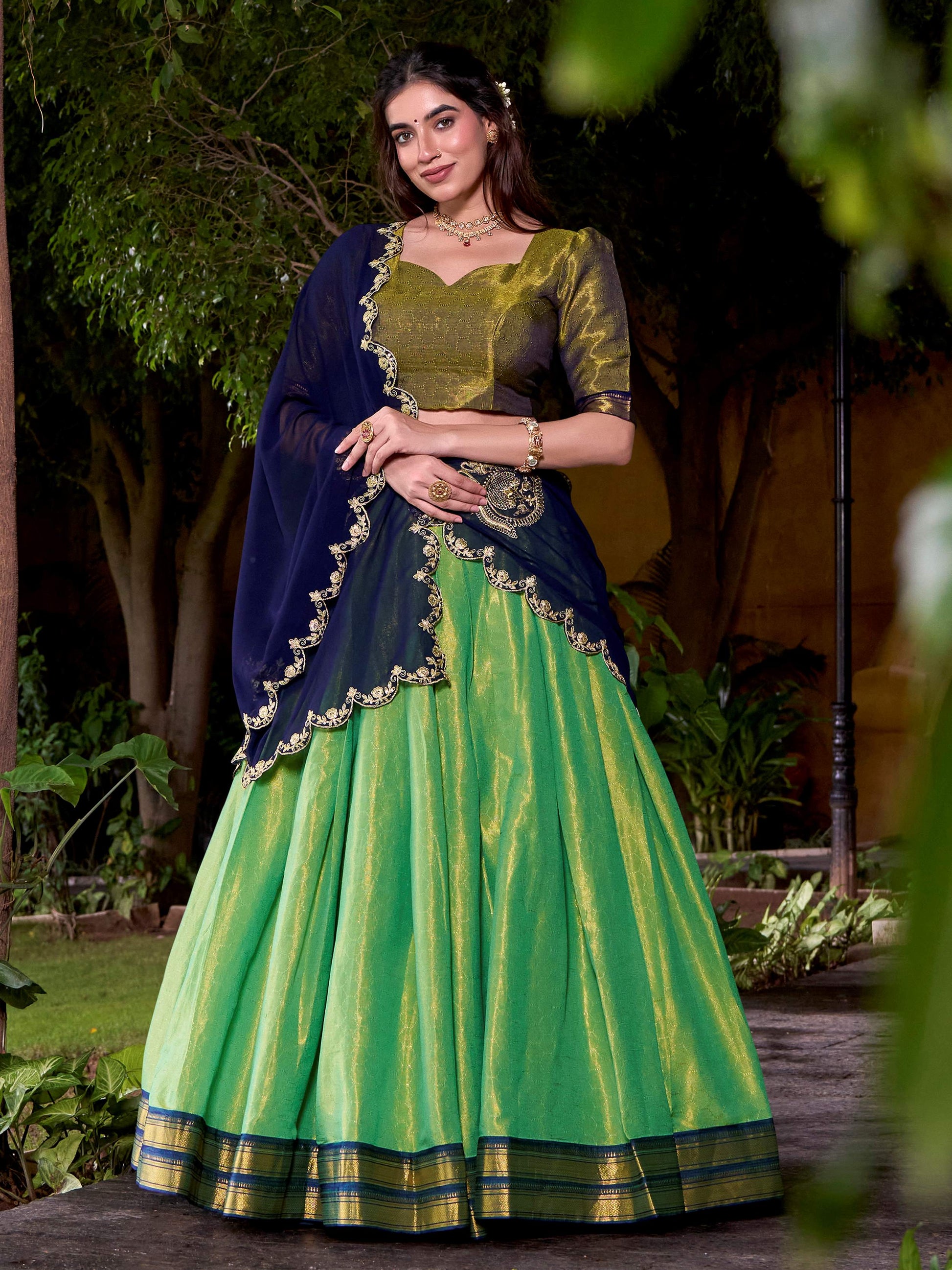 Magnetic Green Kanchipuram Silk Zari Weaving Half Saree Lehenga