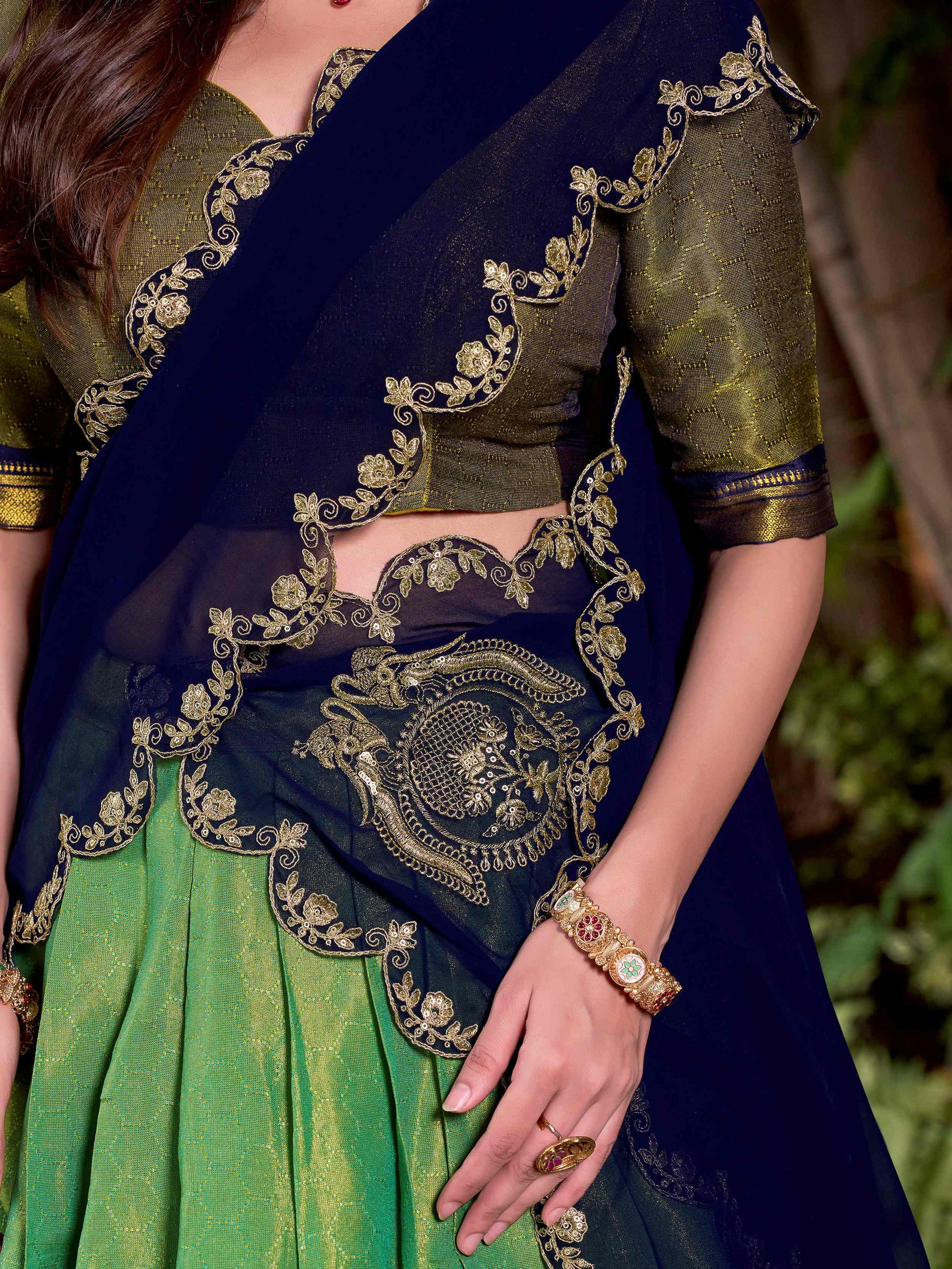 Magnetic Green Kanchipuram Silk Zari Weaving Half Saree Lehenga