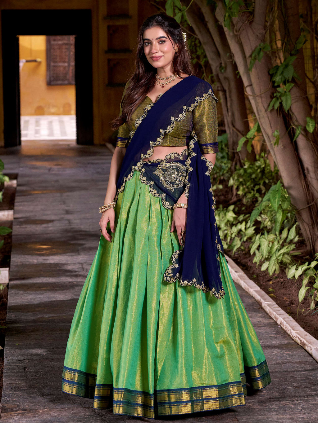 Magnetic Green Kanchipuram Silk Zari Weaving Half Saree Lehenga