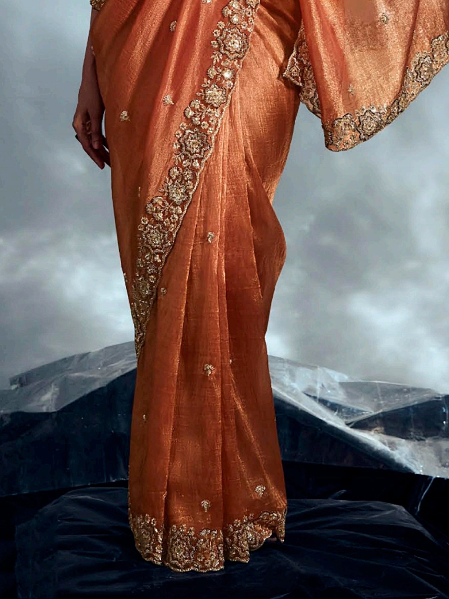 Regal Orange Organza Sequins Work Event Wear Saree With Blouse