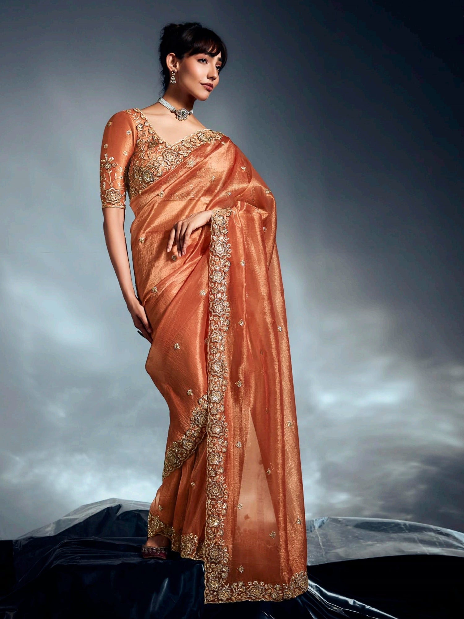 Regal Orange Organza Sequins Work Event Wear Saree With Blouse