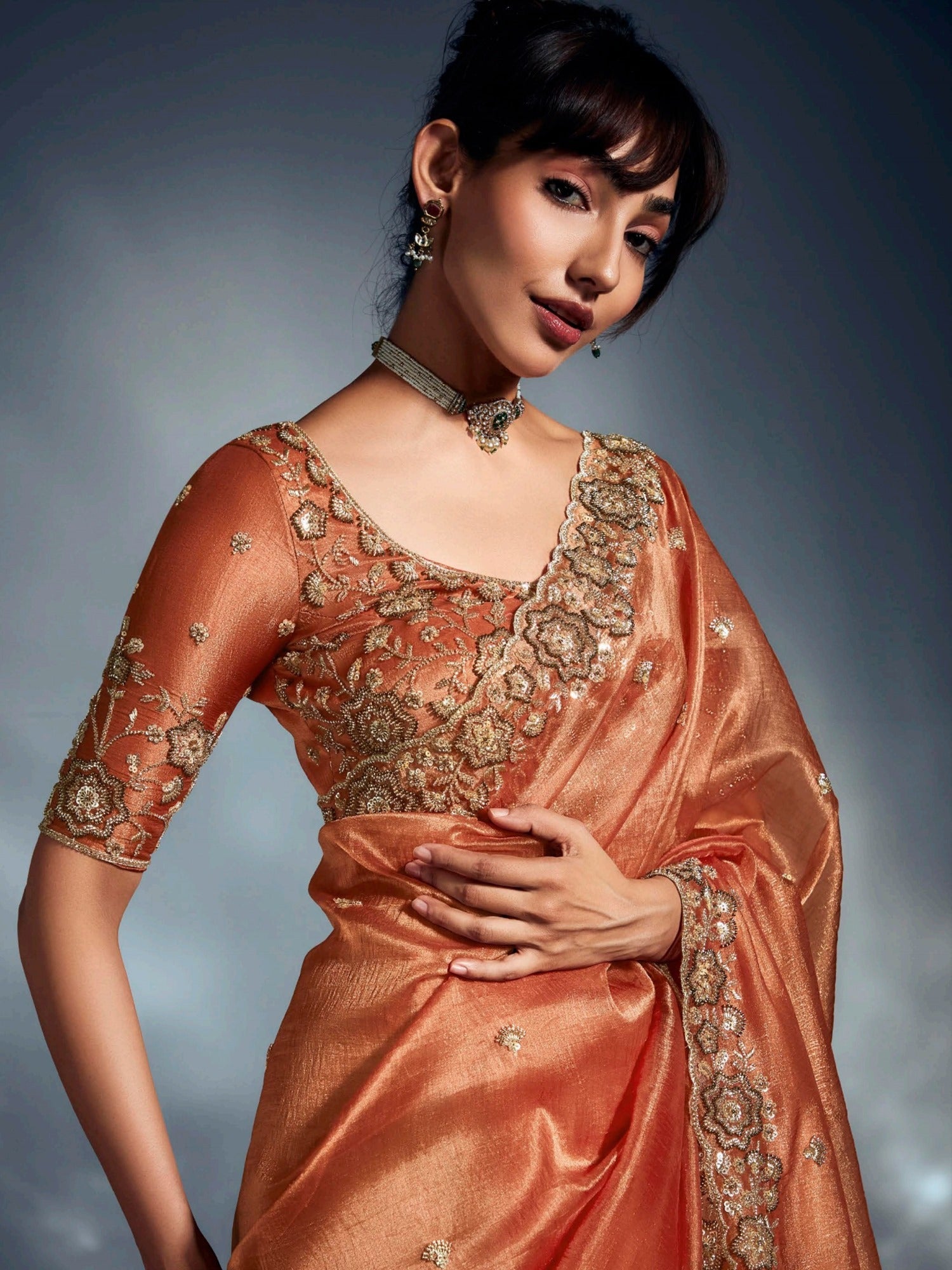 Regal Orange Organza Sequins Work Event Wear Saree With Blouse