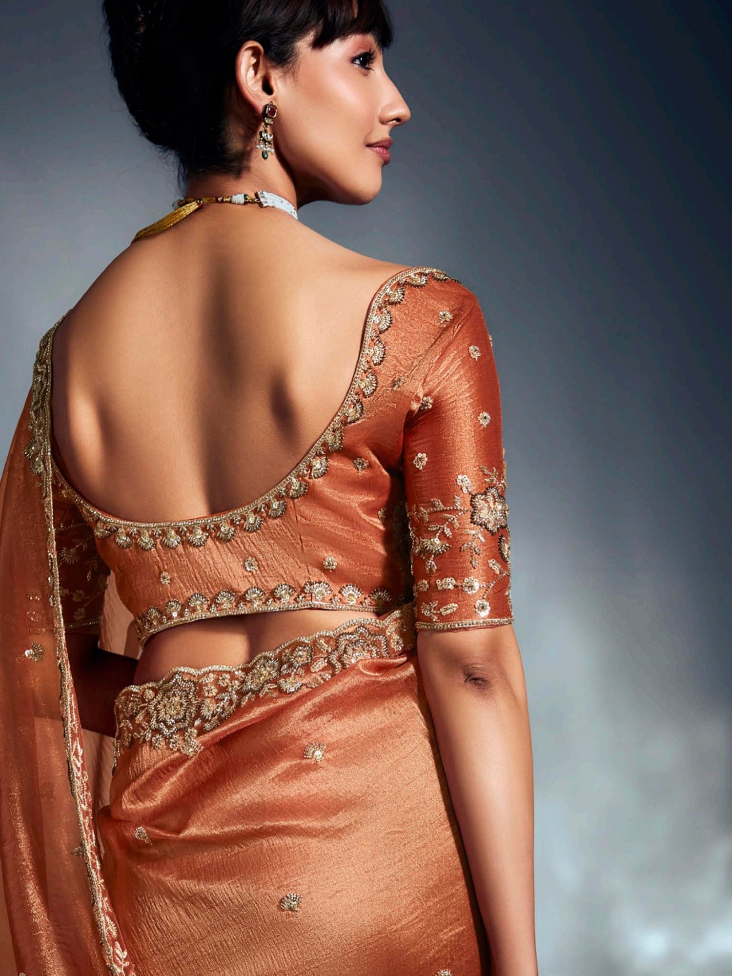 Regal Orange Organza Sequins Work Event Wear Saree With Blouse