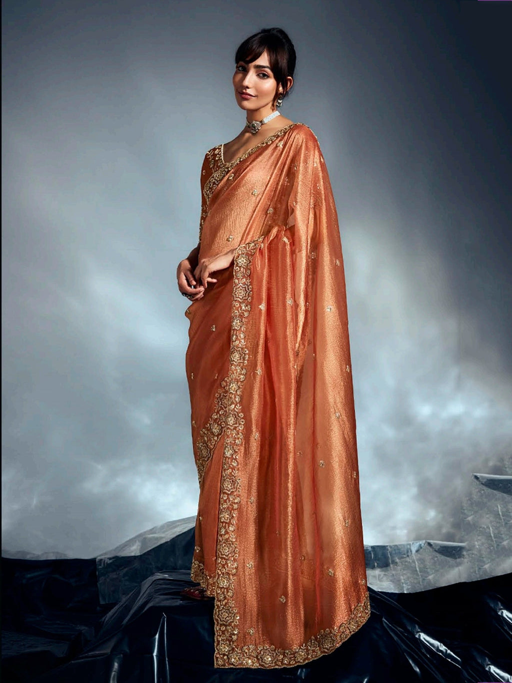 Regal Orange Organza Sequins Work Event Wear Saree With Blouse