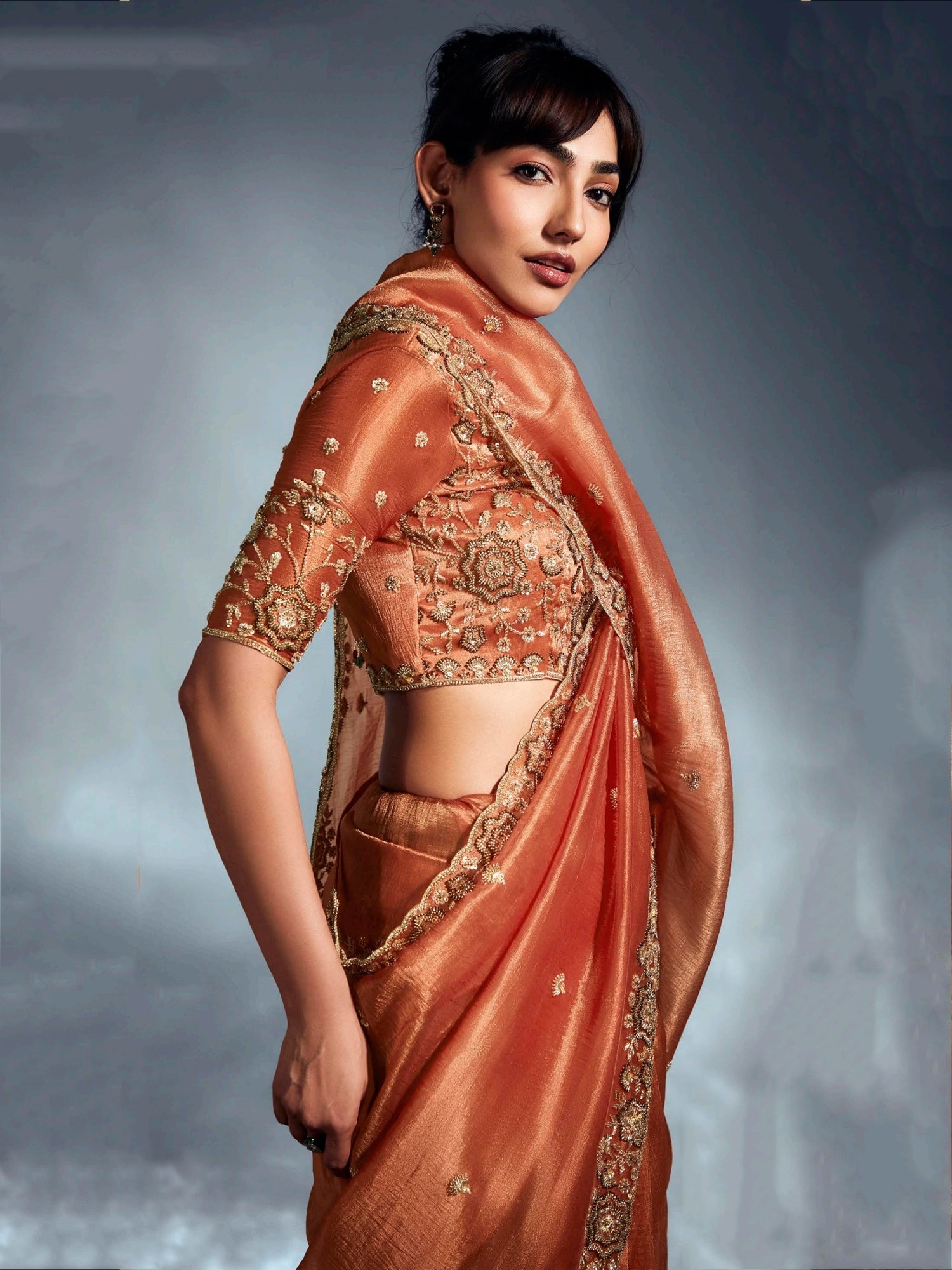 Regal Orange Organza Sequins Work Event Wear Saree With Blouse