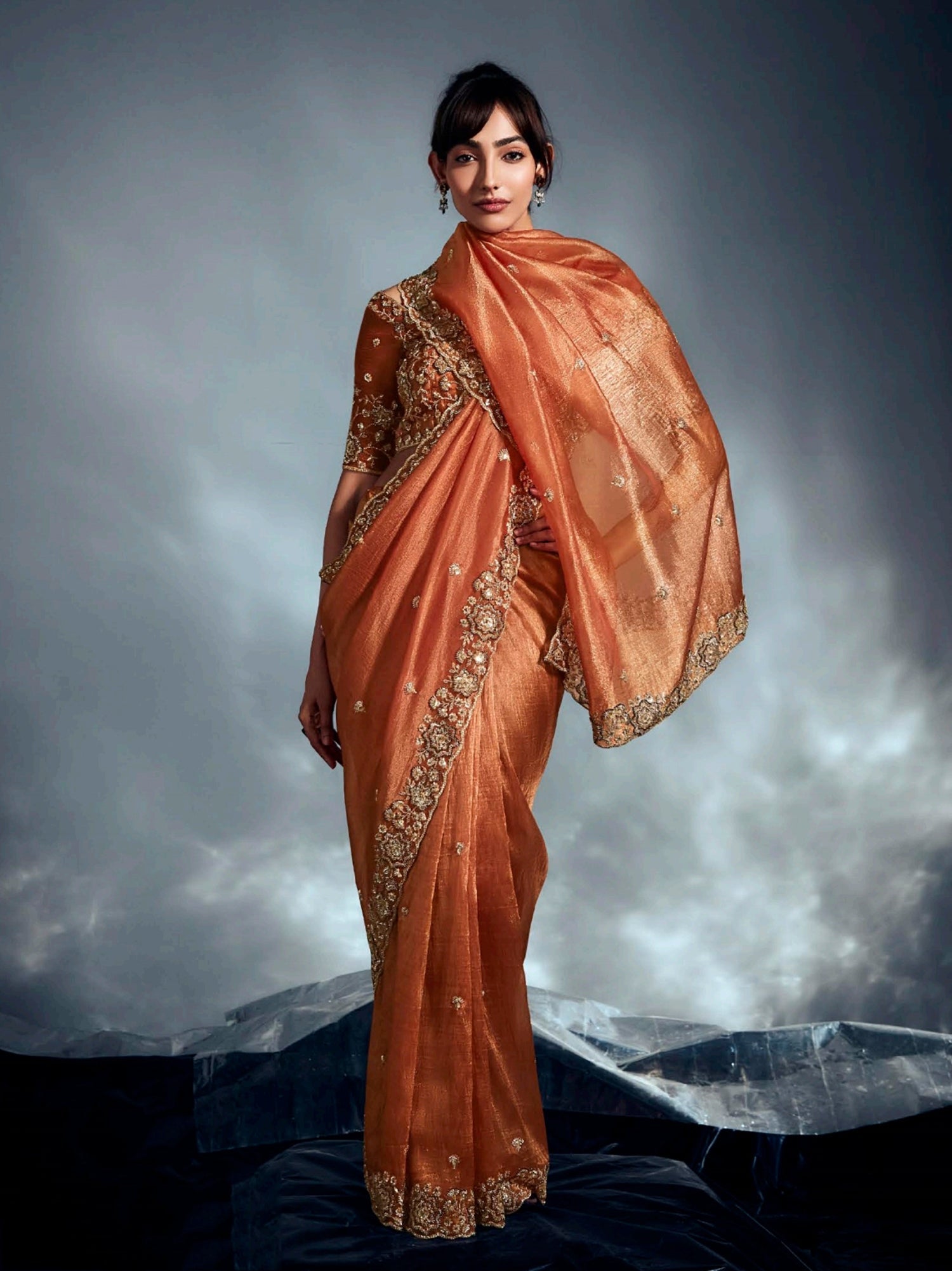 Regal Orange Organza Sequins Work Event Wear Saree With Blouse