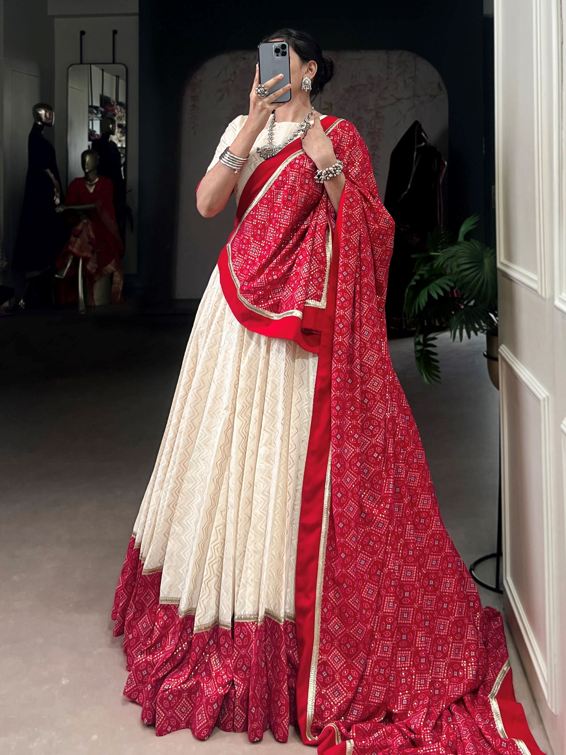 Awesome Off White Cotton Navratri Lehenga With Red Bandhani Dupatta