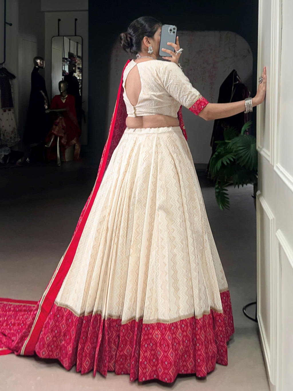 Awesome Off White Cotton Navratri Lehenga With Red Bandhani Dupatta