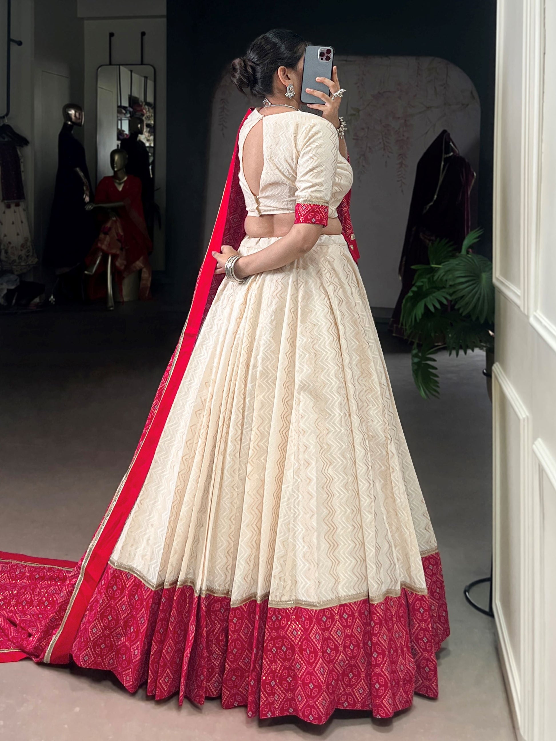 Awesome Off White Cotton Navratri Lehenga With Red Bandhani Dupatta