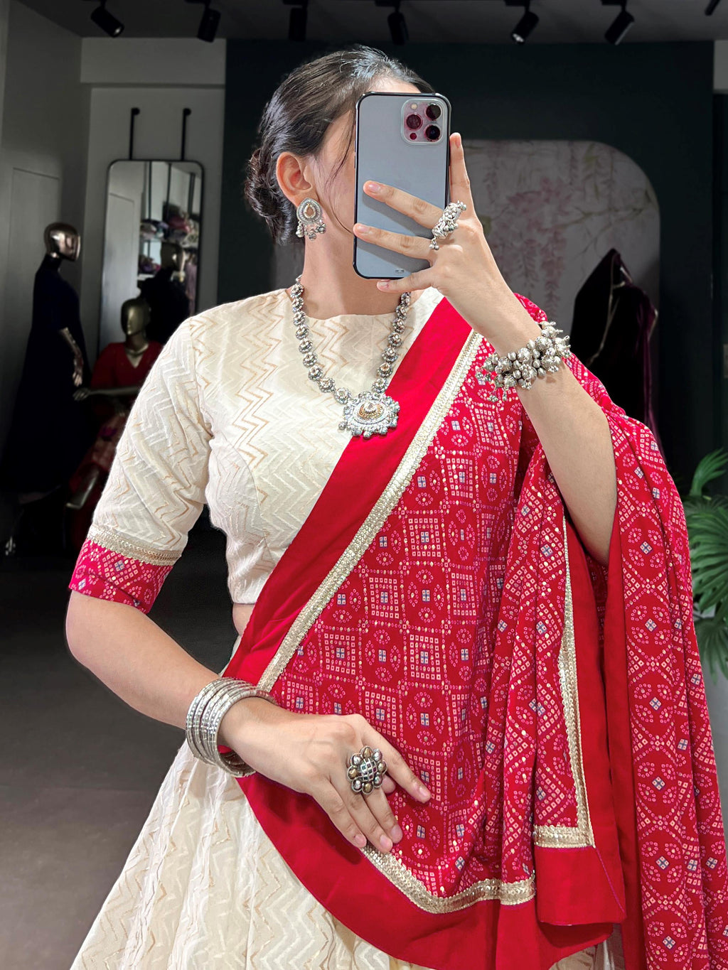 Awesome Off White Cotton Navratri Lehenga With Red Bandhani Dupatta