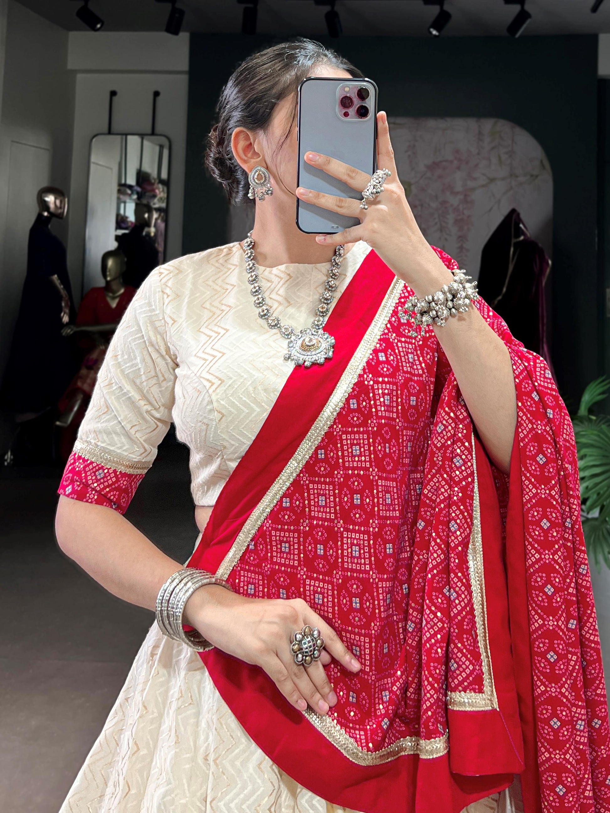 Awesome Off White Cotton Navratri Lehenga With Red Bandhani Dupatta