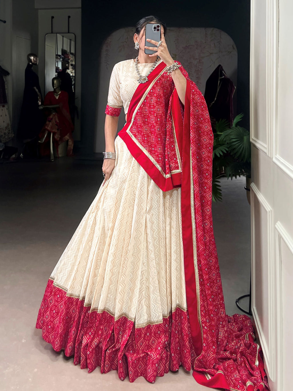 Awesome Off White Cotton Navratri Lehenga With Red Bandhani Dupatta