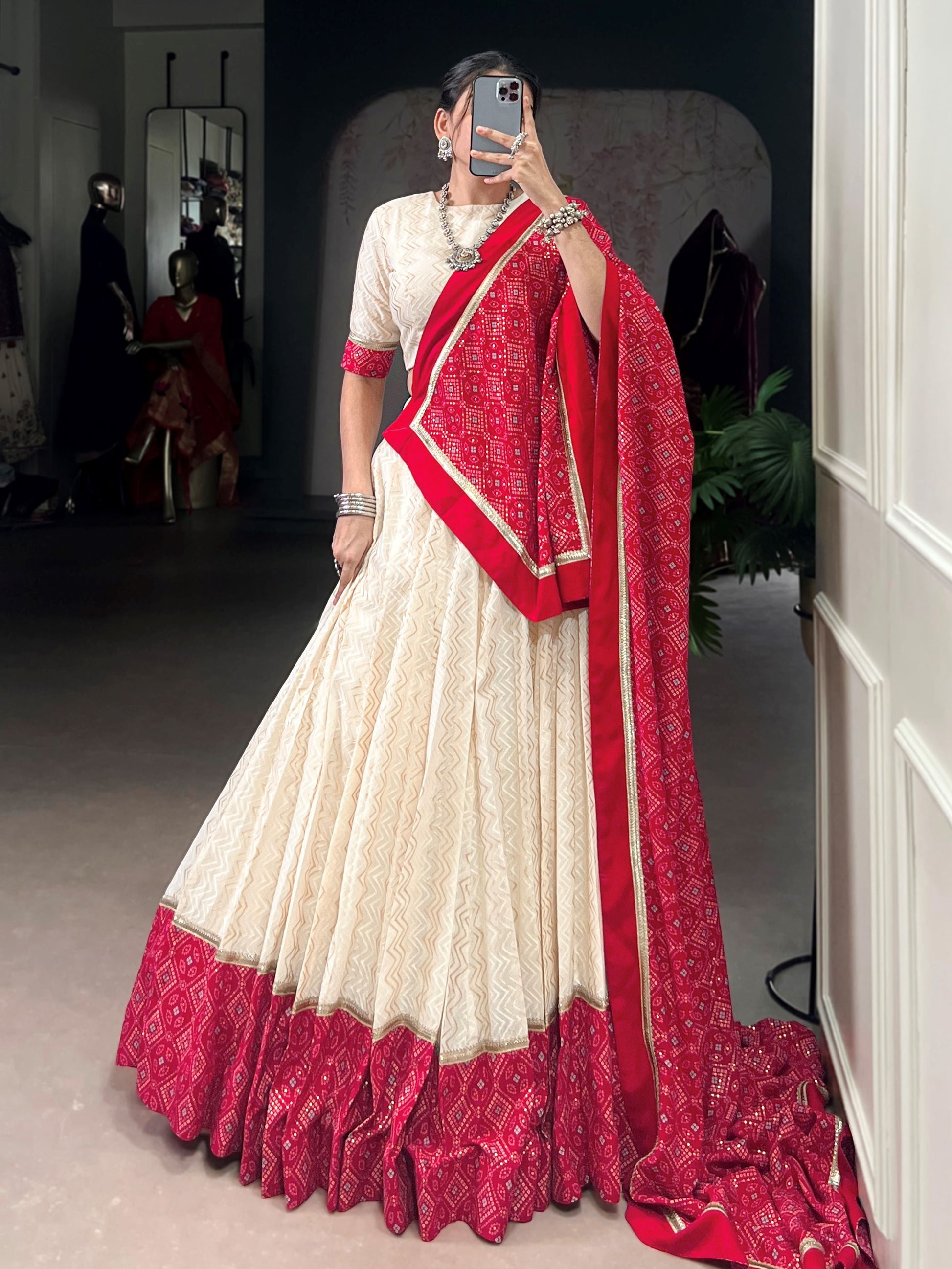 Awesome Off White Cotton Navratri Lehenga With Red Bandhani Dupatta