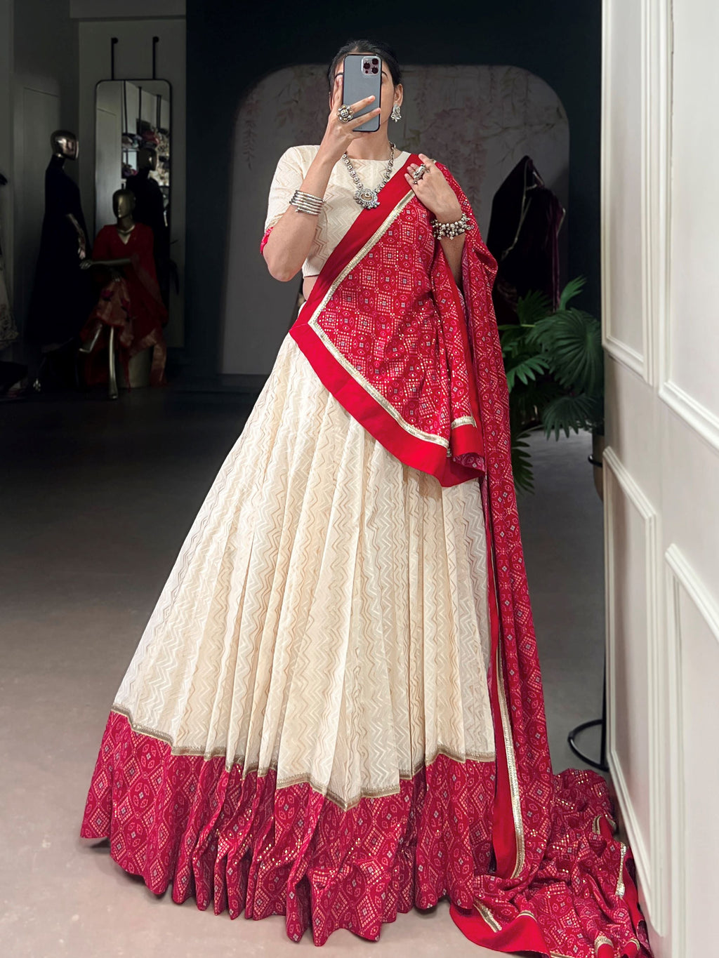Awesome Off White Cotton Navratri Lehenga With Red Bandhani Dupatta