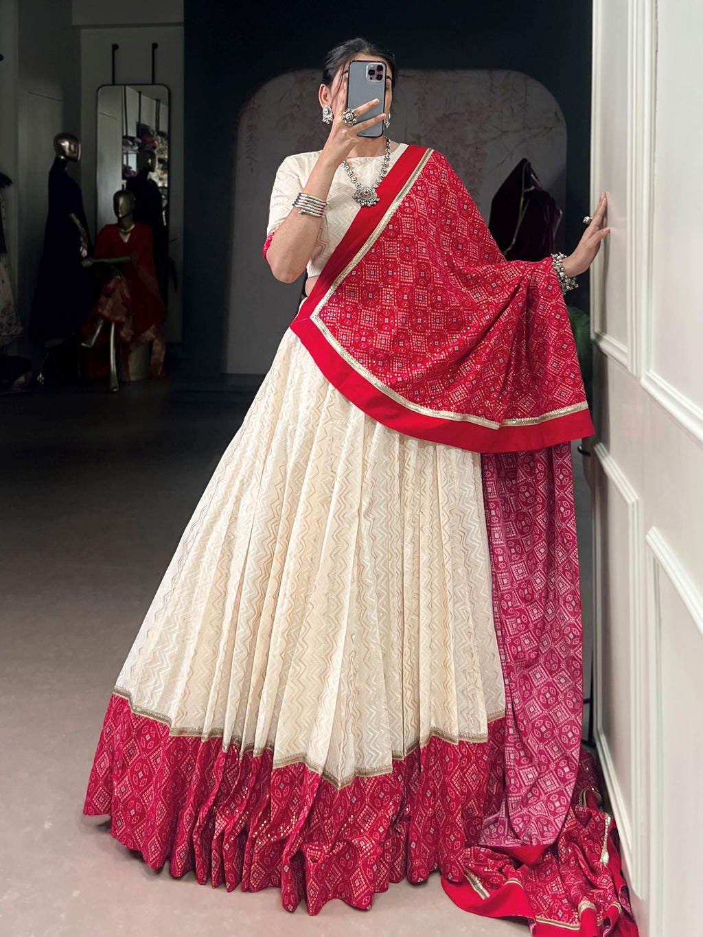 Awesome Off White Cotton Navratri Lehenga With Red Bandhani Dupatta