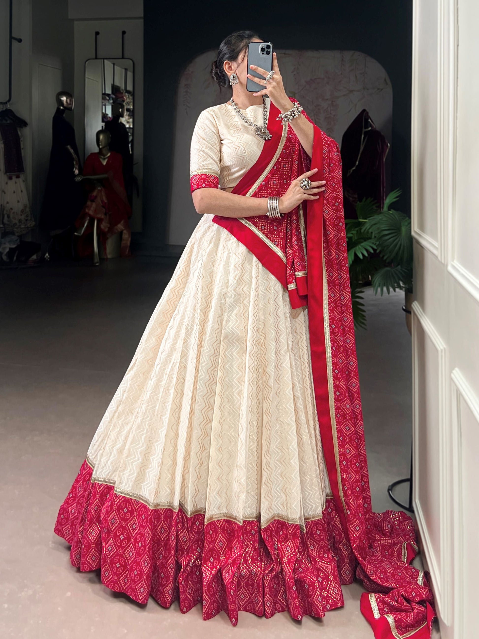 Awesome Off White Cotton Navratri Lehenga With Red Bandhani Dupatta