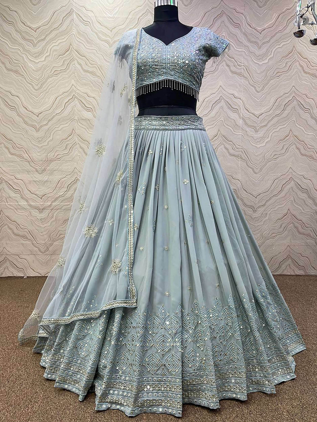 Awesome Grey Georgette Sequins Reception Wear Lehenga Choli