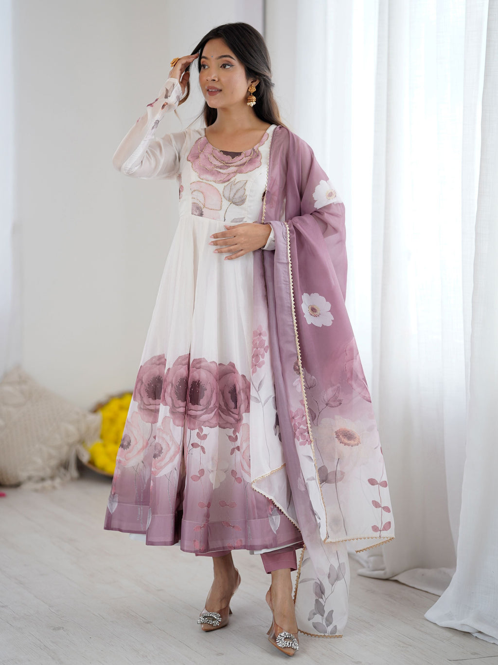 Alluring Pink Organza Floral Printed Festival Wear Anarkali Suit