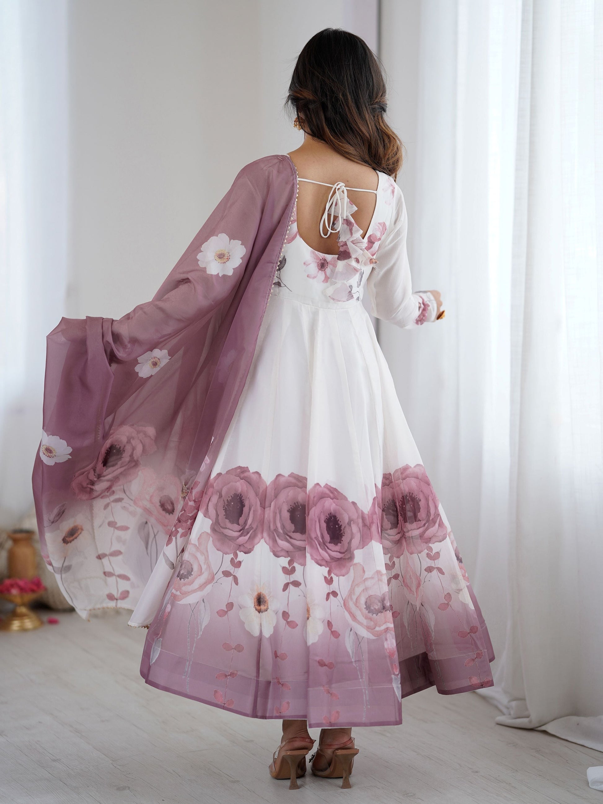Alluring Pink Organza Floral Printed Festival Wear Anarkali Suit