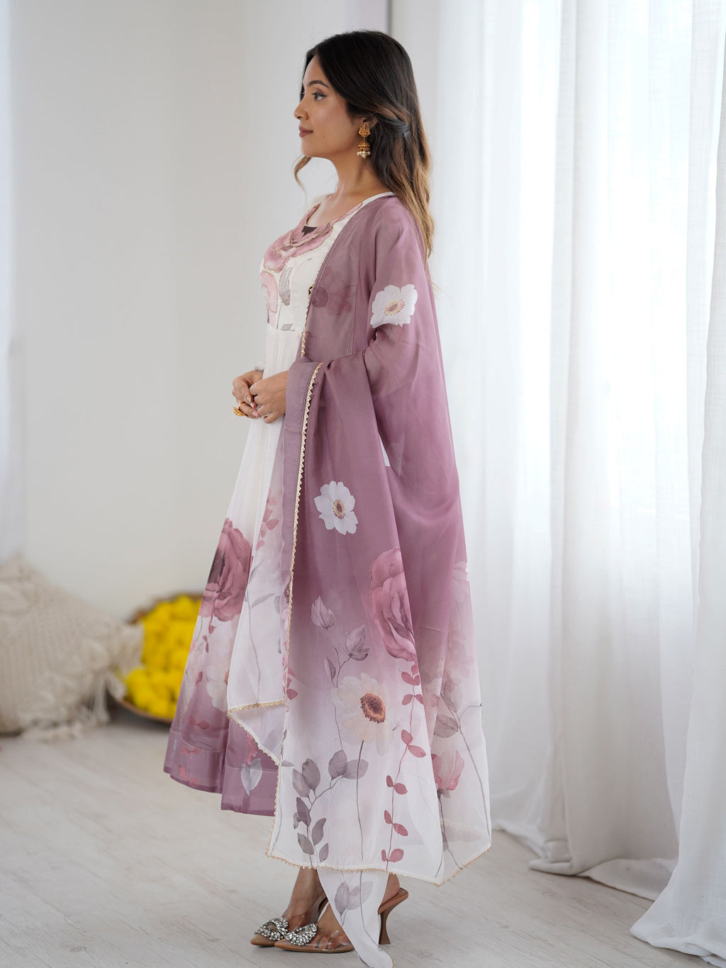 Alluring Pink Organza Floral Printed Festival Wear Anarkali Suit