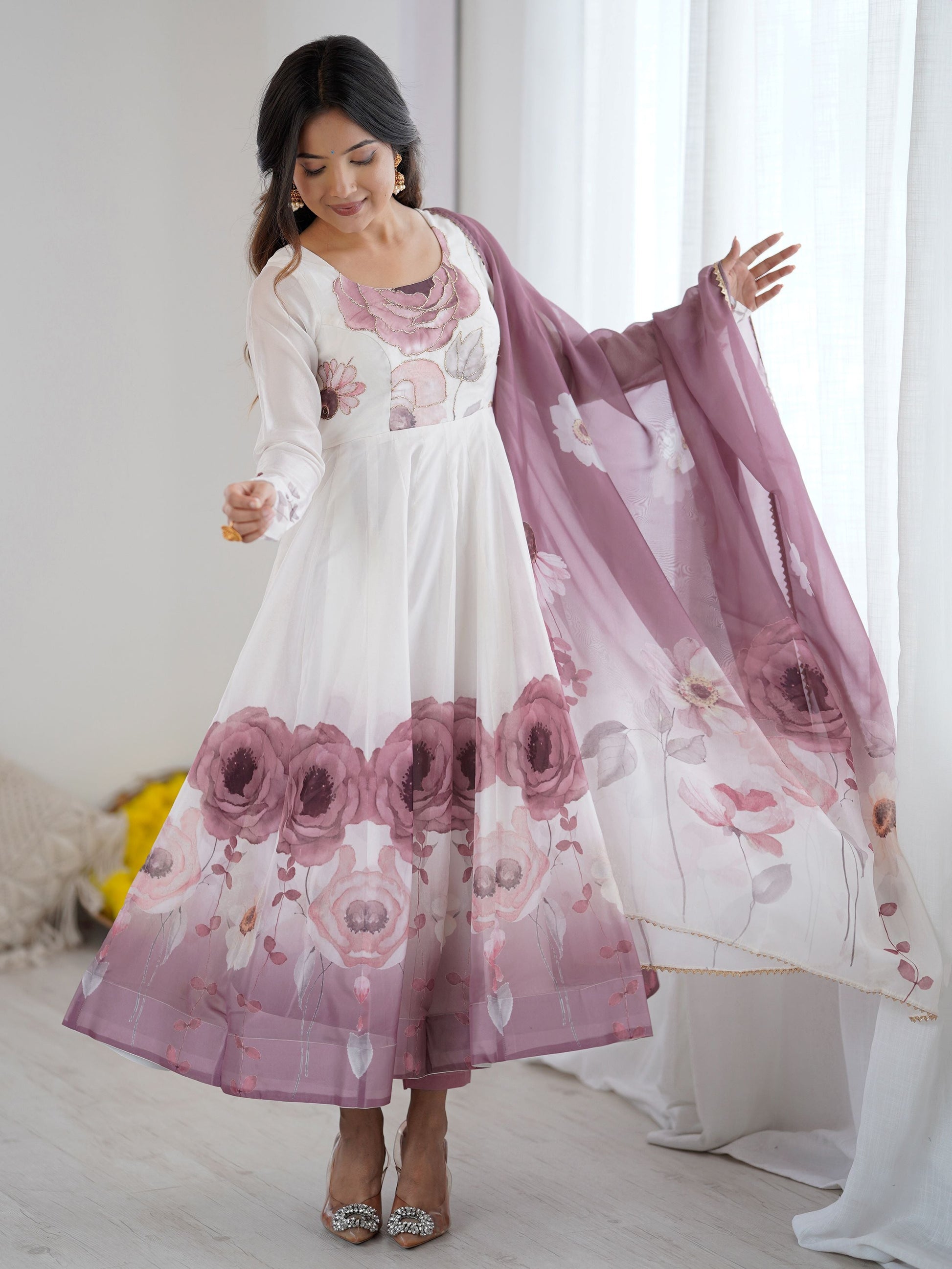Alluring Pink Organza Floral Printed Festival Wear Anarkali Suit