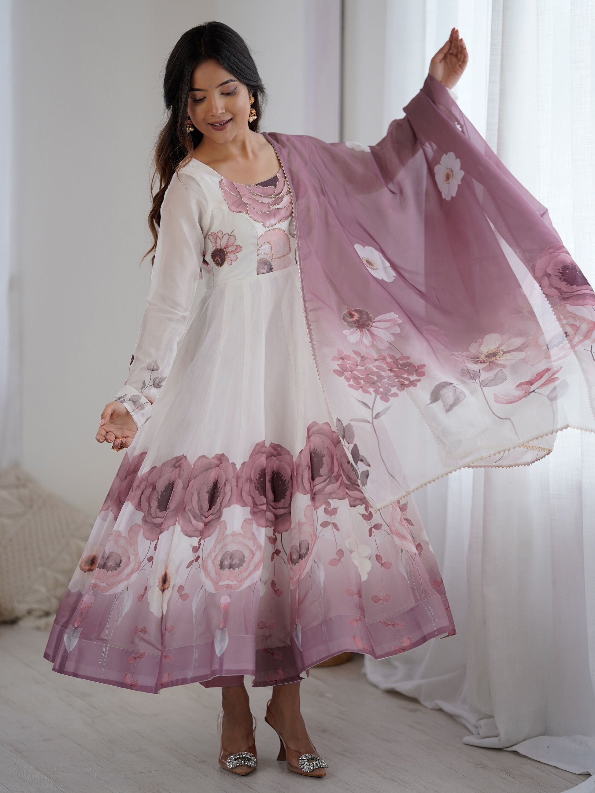 Alluring Pink Organza Floral Printed Festival Wear Anarkali Suit