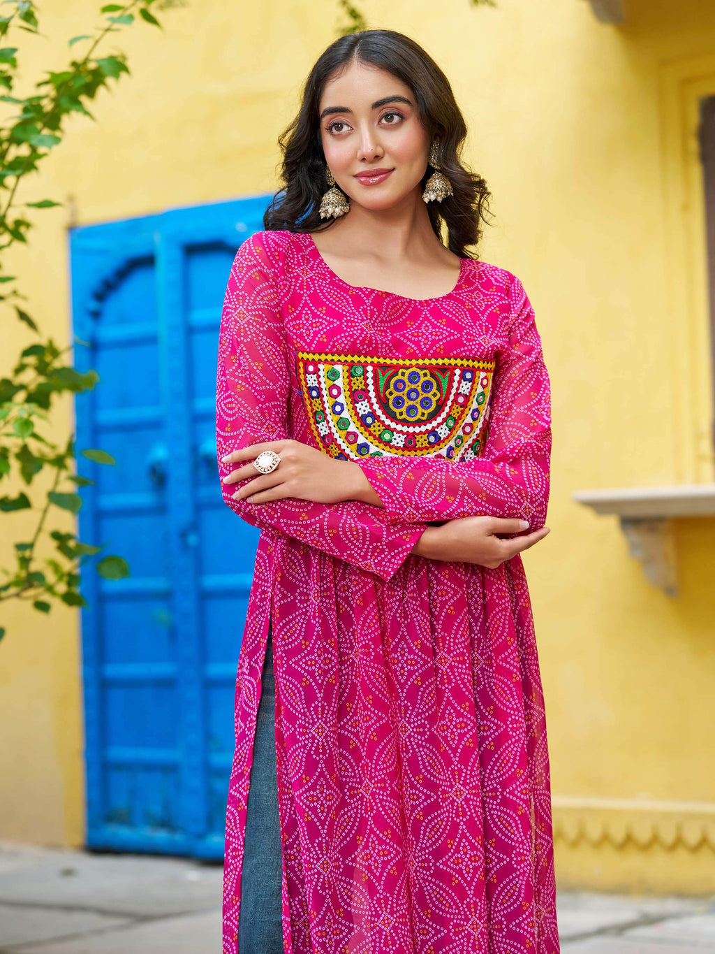 Wonderful Pink Georgette Kutchi Work Navratri Wear Kurti
