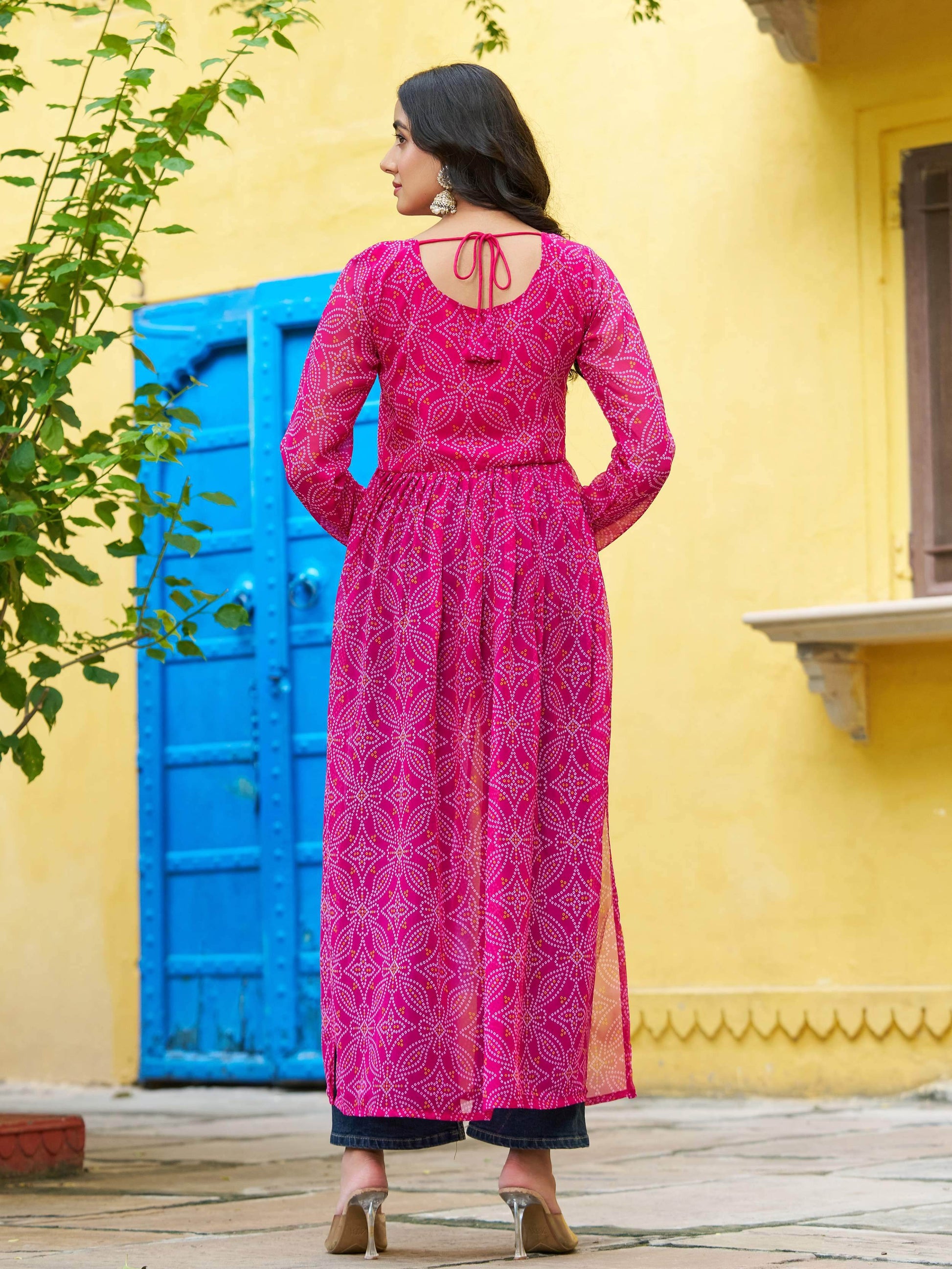 Wonderful Pink Georgette Kutchi Work Navratri Wear Kurti