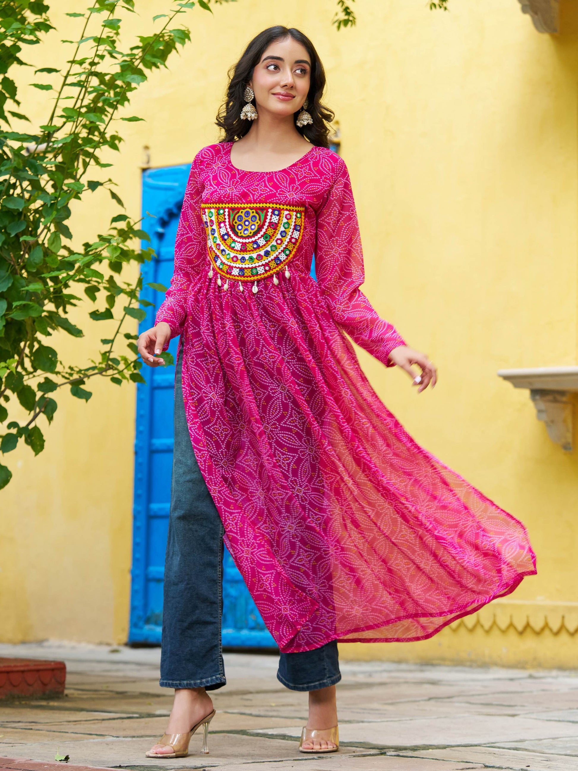 Wonderful Pink Georgette Kutchi Work Navratri Wear Kurti