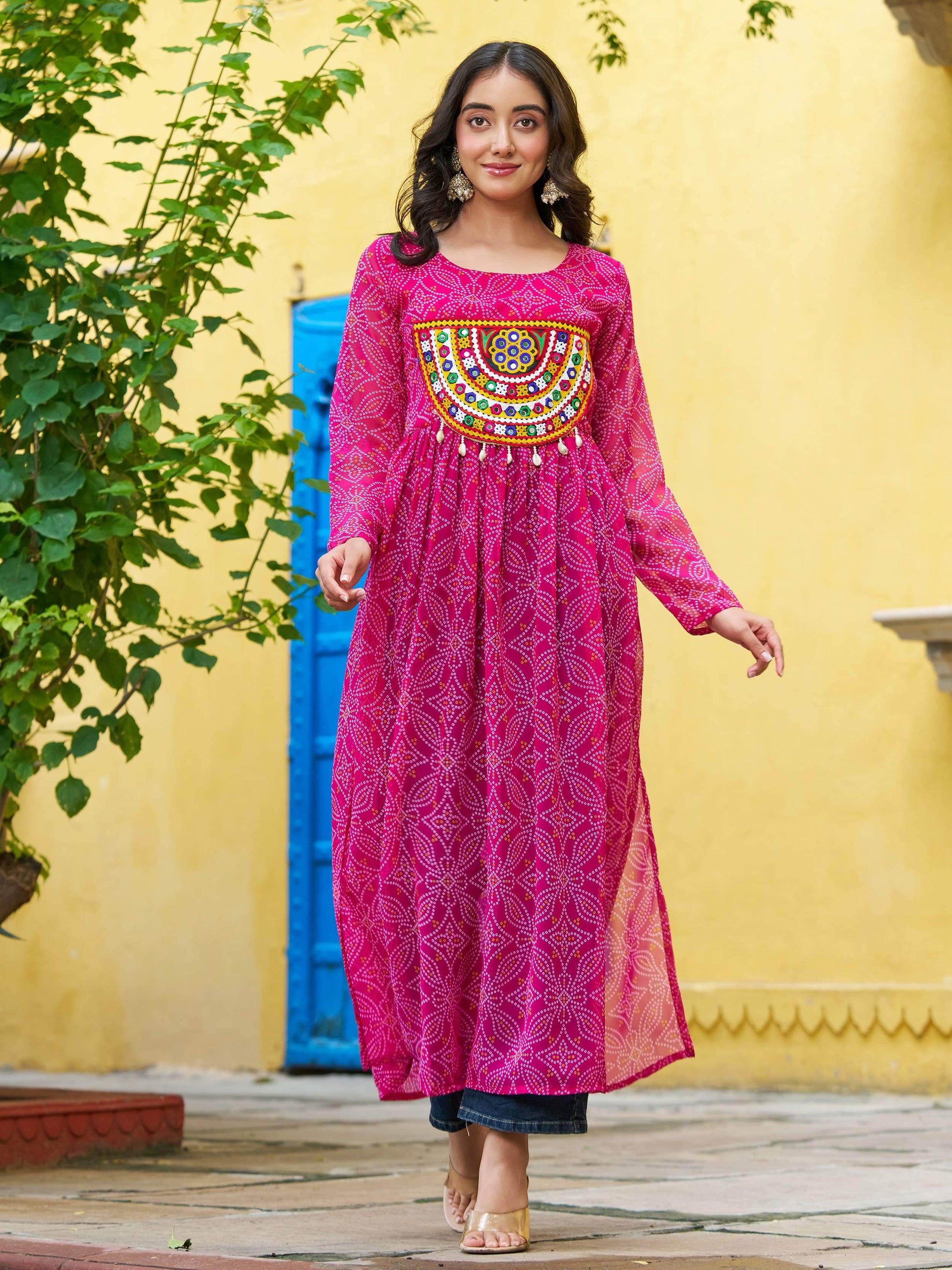 Wonderful Pink Georgette Kutchi Work Navratri Wear Kurti