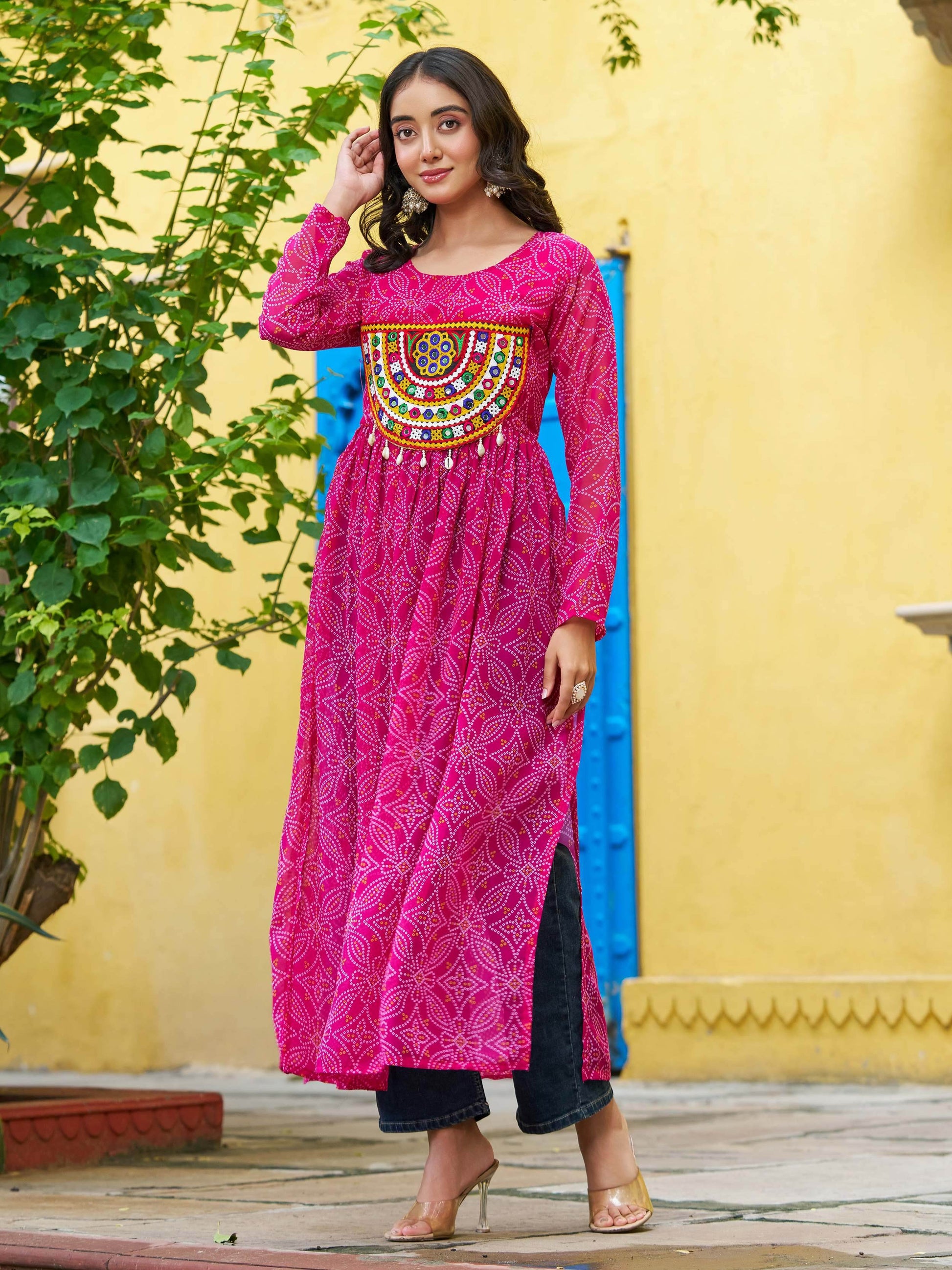 Wonderful Pink Georgette Kutchi Work Navratri Wear Kurti