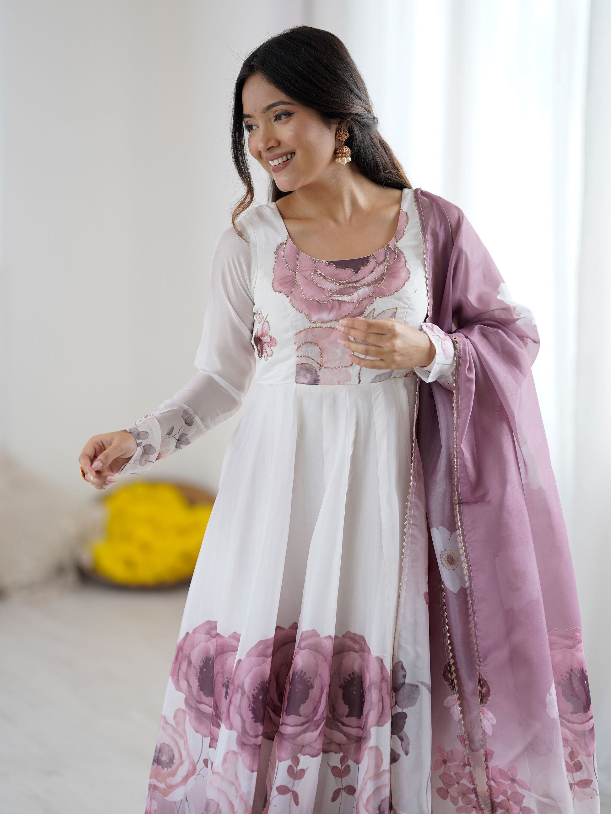 Alluring Pink Organza Floral Printed Festival Wear Anarkali Suit