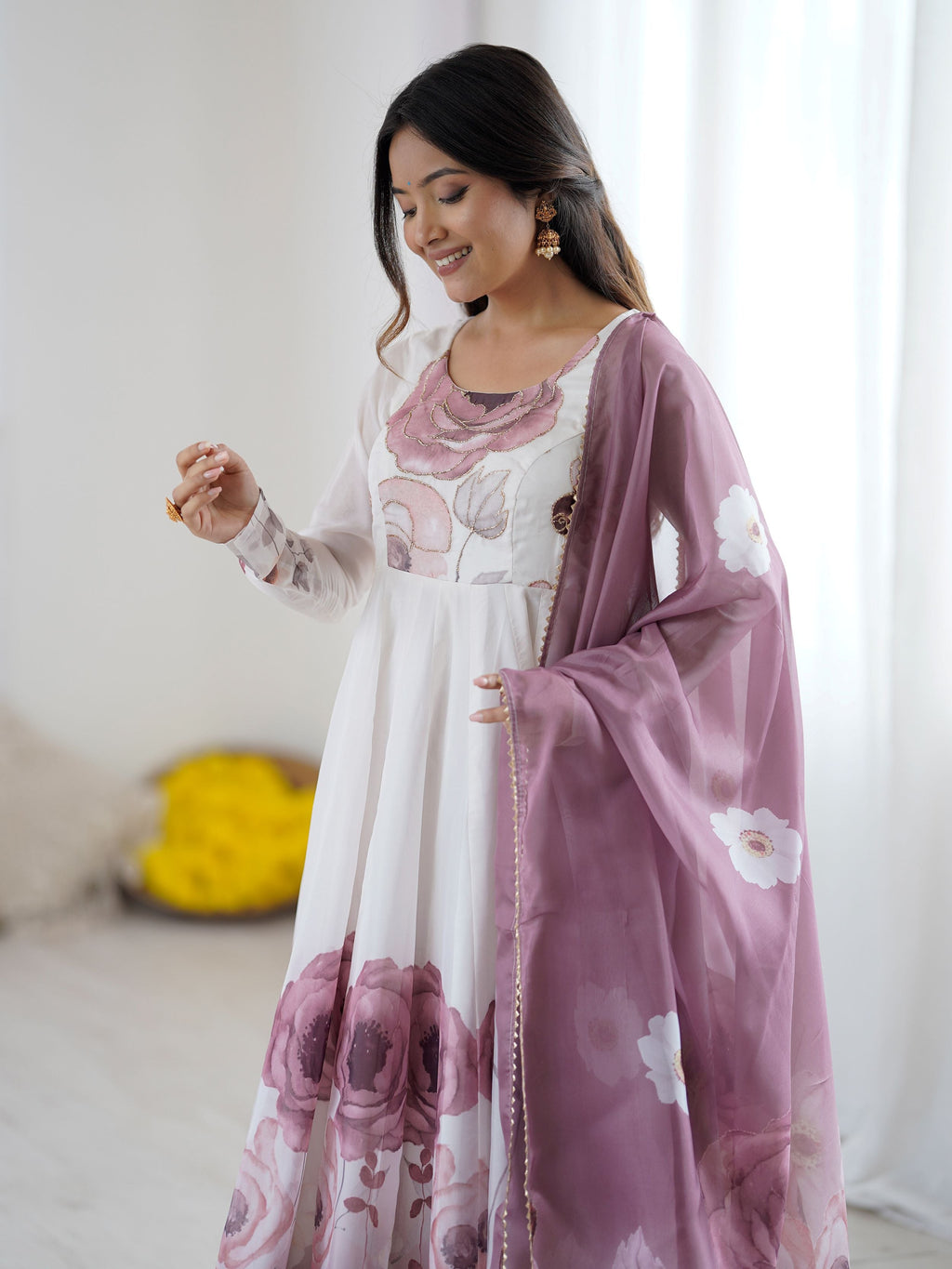 Alluring Pink Organza Floral Printed Festival Wear Anarkali Suit