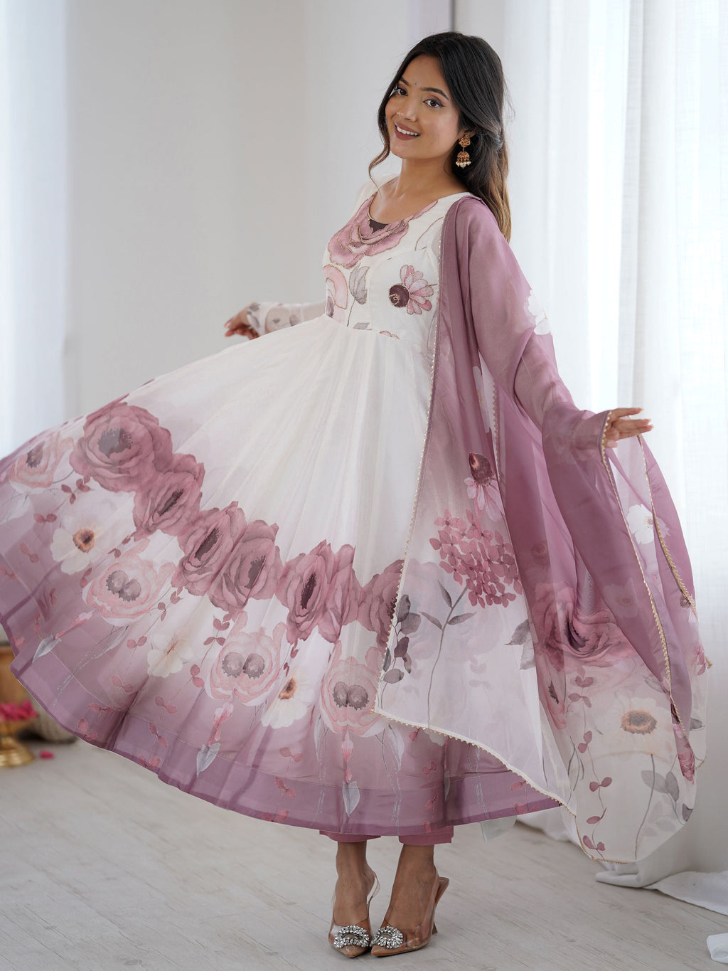 Alluring Pink Organza Floral Printed Festival Wear Anarkali Suit