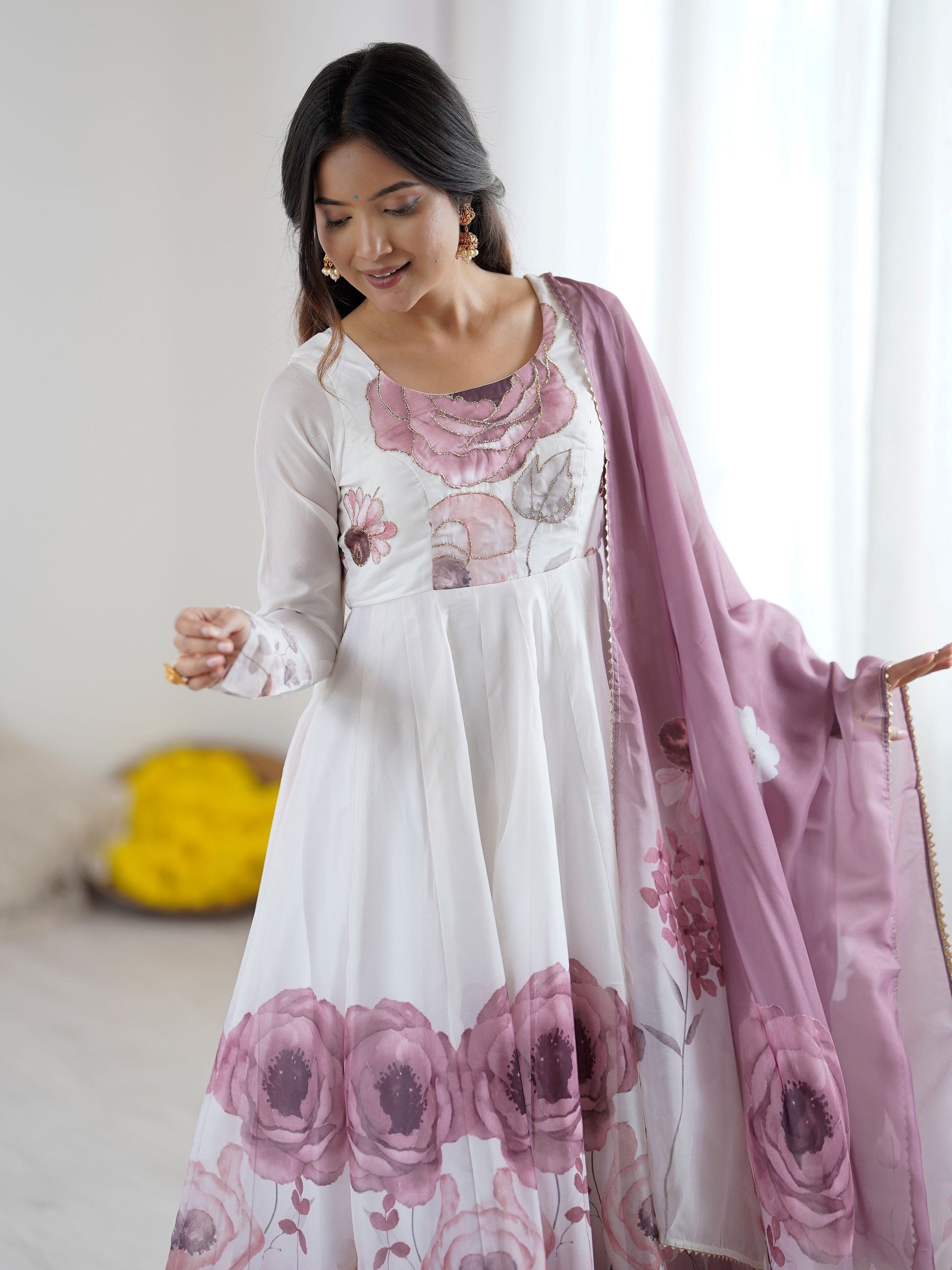 Alluring Pink Organza Floral Printed Festival Wear Anarkali Suit