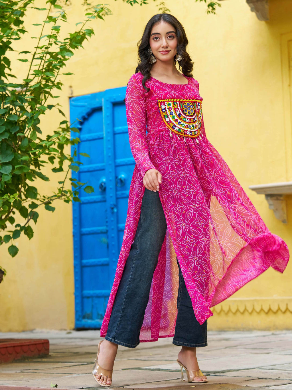 Wonderful Pink Georgette Kutchi Work Navratri Wear Kurti
