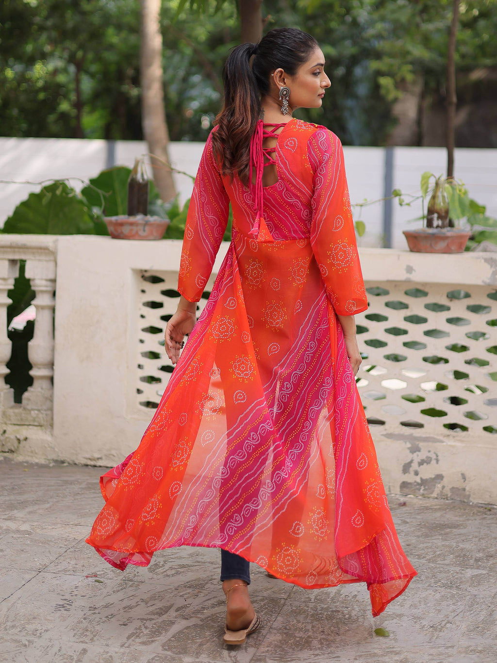 Artistic Pink Georgette Kutchi Work Navratri Wear Front Slit Kurti