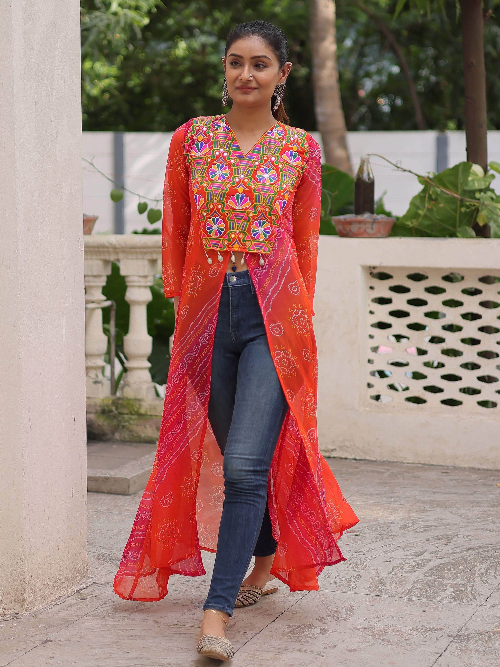 Artistic Pink Georgette Kutchi Work Navratri Wear Front Slit Kurti