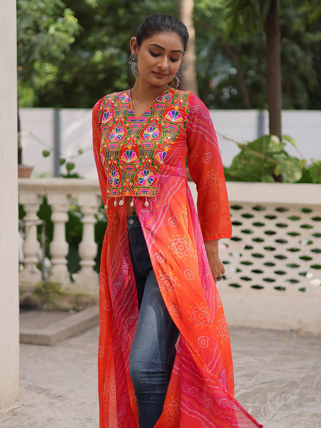 Artistic Pink Georgette Kutchi Work Navratri Wear Front Slit Kurti