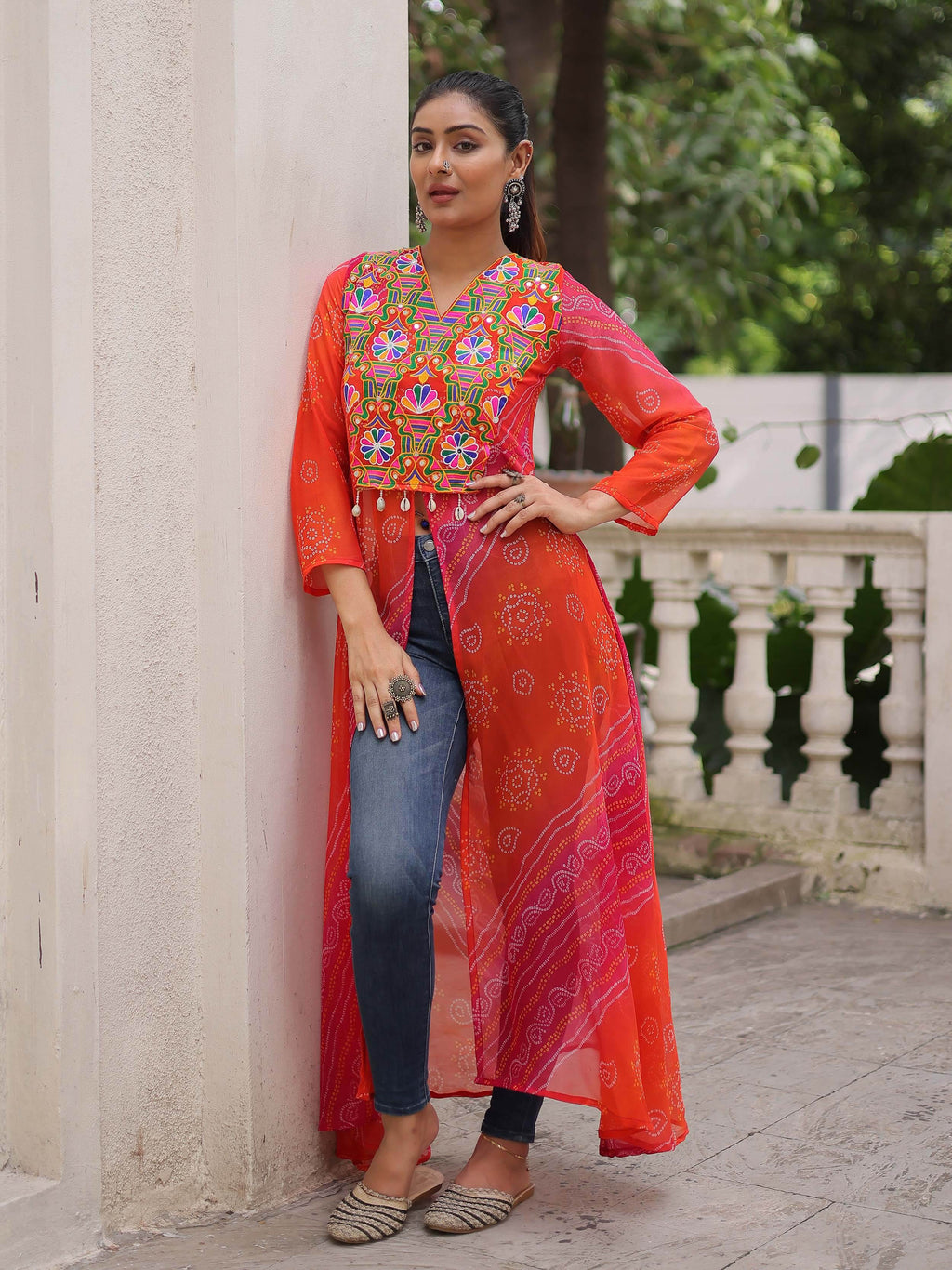 Artistic Pink Georgette Kutchi Work Navratri Wear Front Slit Kurti