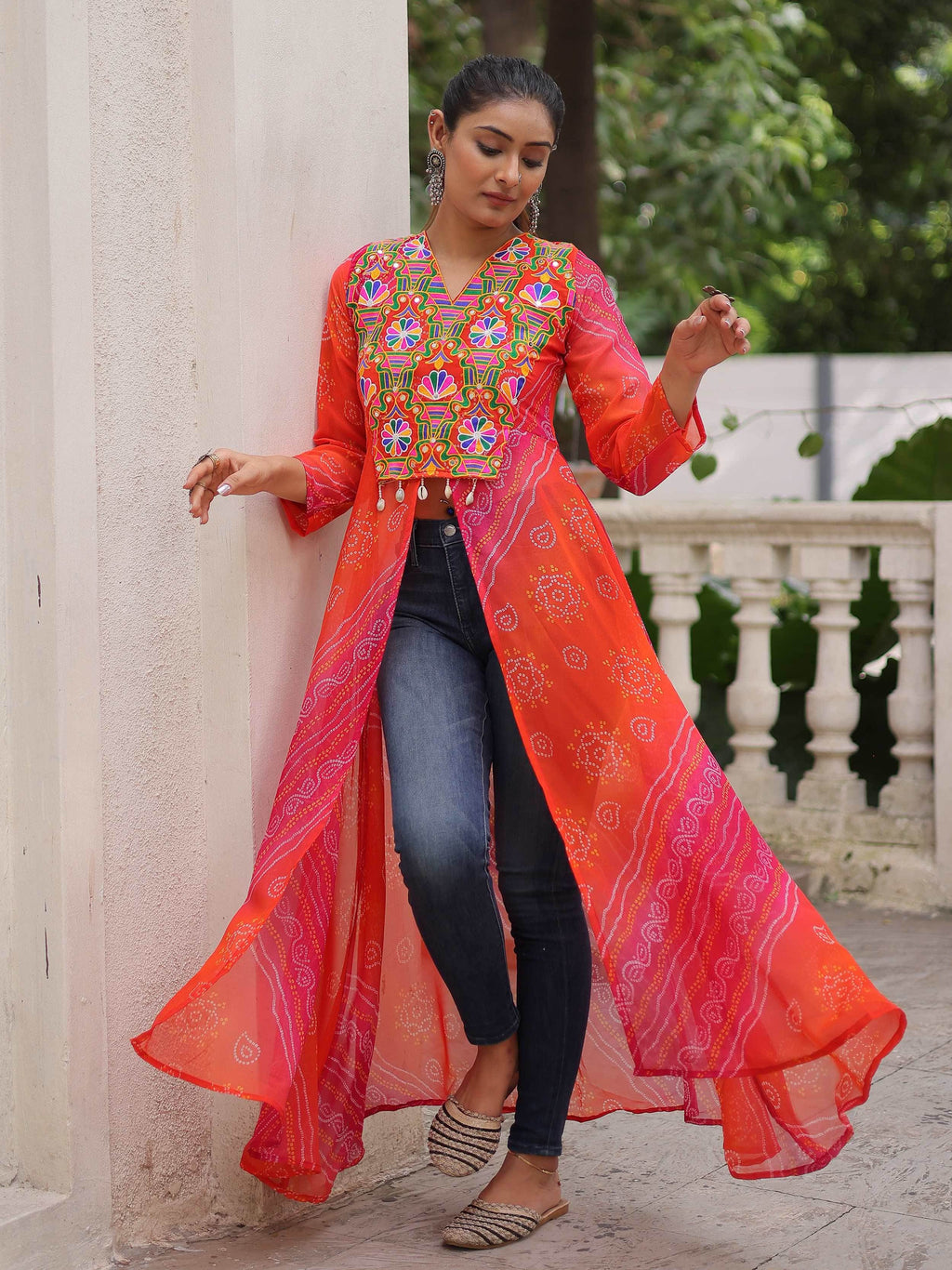 Artistic Pink Georgette Kutchi Work Navratri Wear Front Slit Kurti