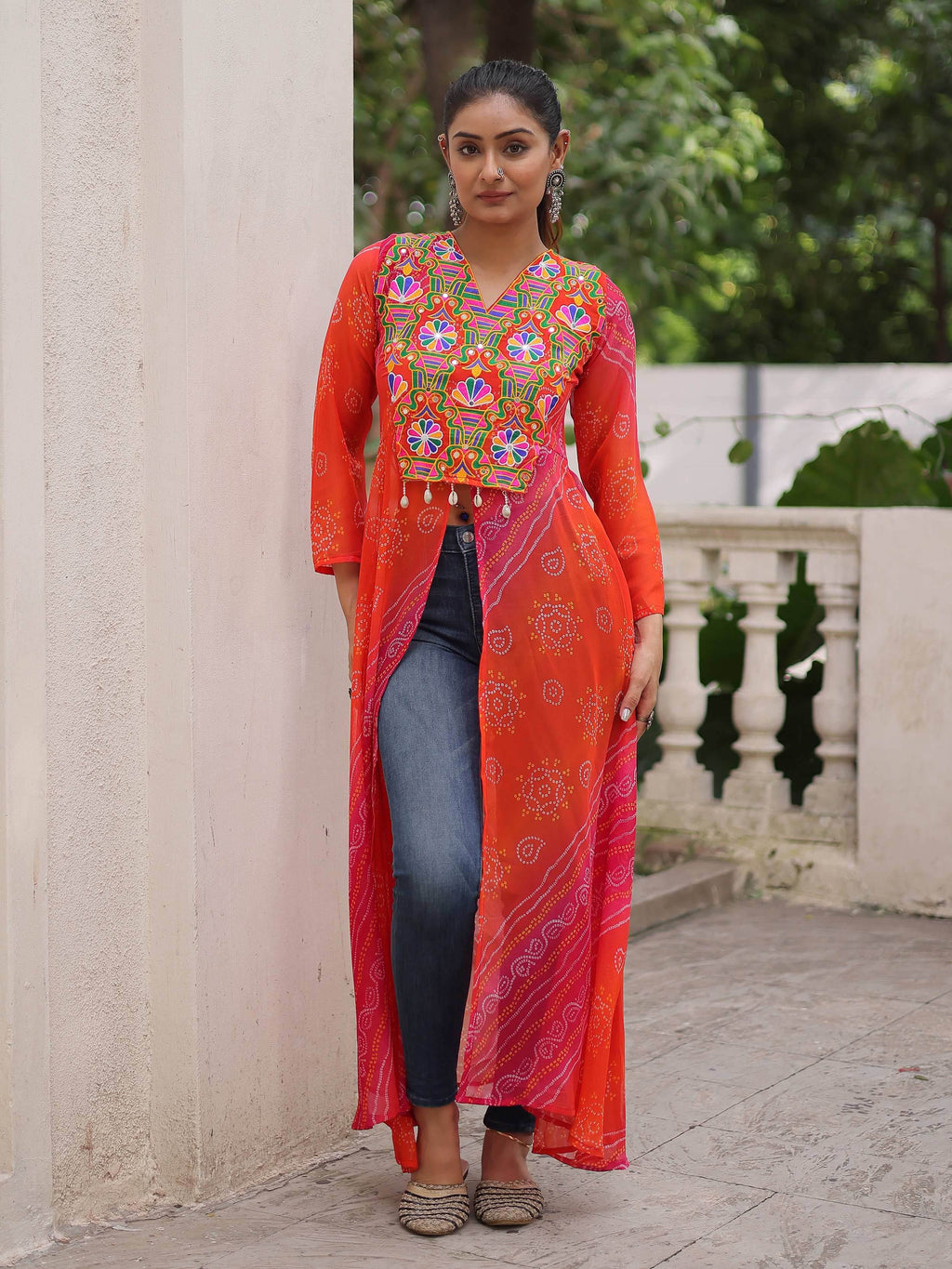 Artistic Pink Georgette Kutchi Work Navratri Wear Front Slit Kurti