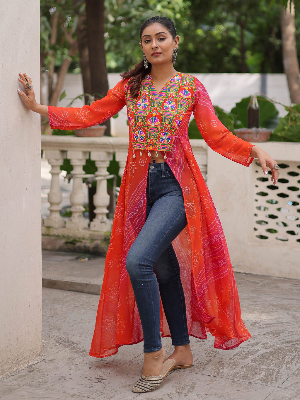 Artistic Pink Georgette Kutchi Work Navratri Wear Front Slit Kurti